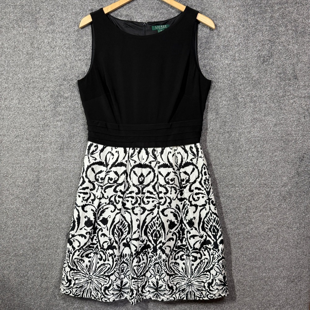 Lauren Ralph Lauren Dress Size 12 Black White Damask Print Fit Flare Sleeveless